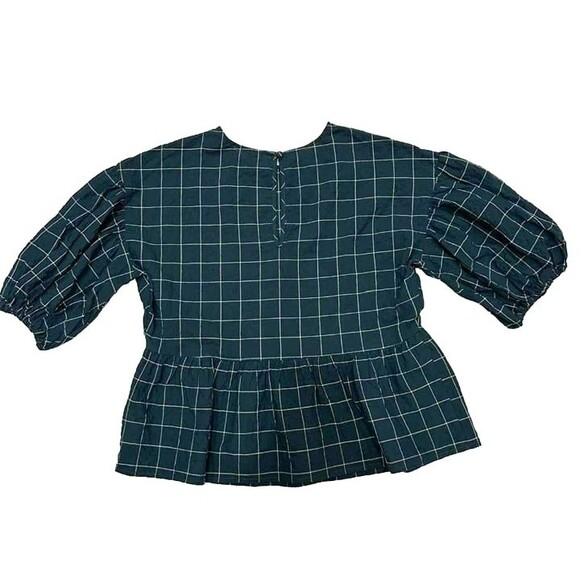 Christmas Dark Green Plaid Blouse Peplum Windowpane Puffed Sleeves A New Day XS - Picture 3 of 4